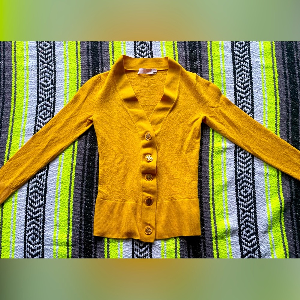 XS mustard yellow Tory Burch Simone button down wool cardigan